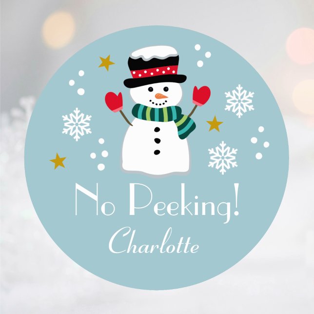No Peeking Cute Christmas Snowman Snowflakes Blue Classic Round Sticker (Creator Uploaded)