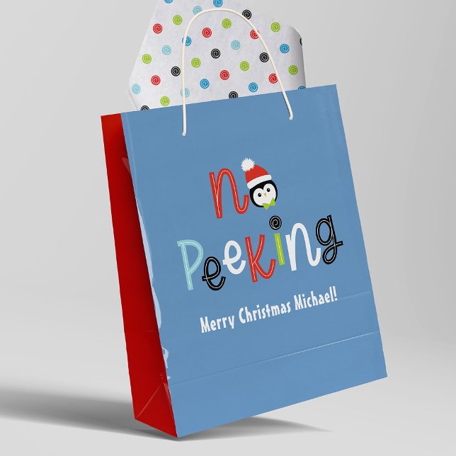 No Peeking Cute Whimsical Kids Christmas Medium Gift Bag (Cute kids Christmas gift bag with the words, No Peeking. coordinating tissue paper sold separately.)
