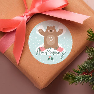 No Peeking Cute Woodland Bear Snow Angel Classic Round Sticker