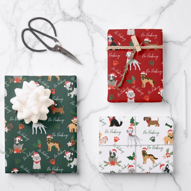 No Peeking Festive Holiday Santa Dog Breed Pattern Wrapping Paper Sheet (Front)