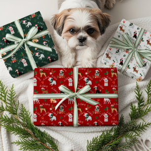 No Peeking Festive Holiday Santa Dog Breed Pattern Wrapping Paper Sheet