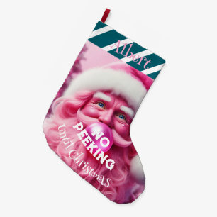 No Peeking Pink Bubble Gum Santa   Custom Name Large Christmas Stocking