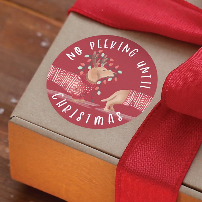 No Peeking Until Christmas | Dachshund Dog Red Classic Round Sticker (No Peeking Until Christmas | Dachshund Dog Red Classic Round Sticker)