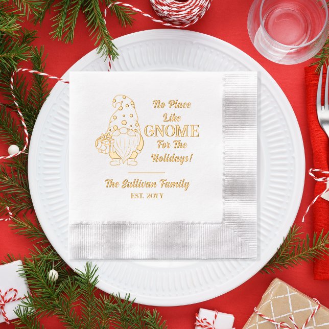 No Place Like Gnome Christmas Family Name Date Foil Napkins ("No Place Like Gnome [Home] For the Holidays!" Cute Gnome, Family Name | Year Stamped Foil Napkins)