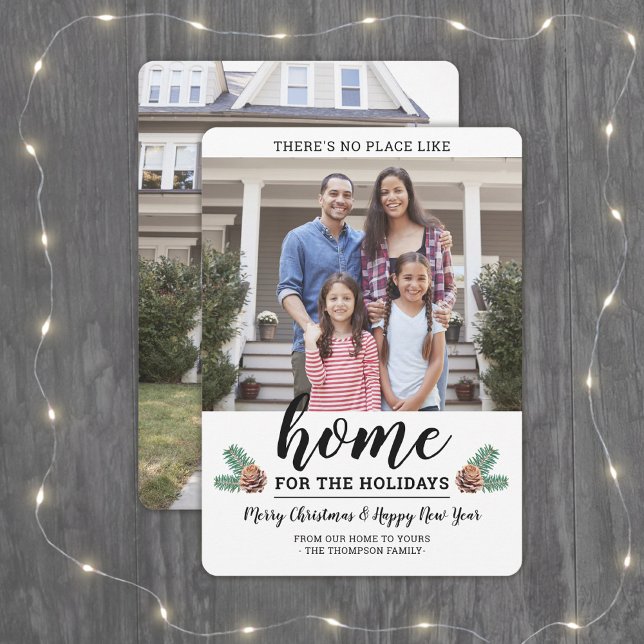 No Place Like Home 2 Photo Simple Pine Greenery Holiday Card (Creator Uploaded)