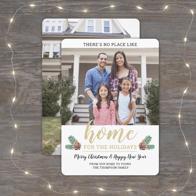 No Place Like Home 2 Photo Stylish Pine Greenery Holiday Card (Creator Uploaded)