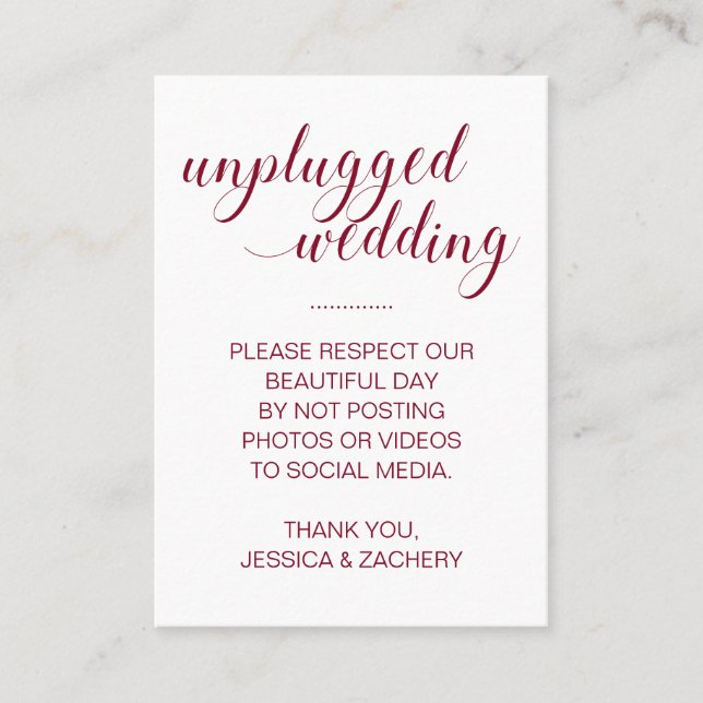 No Posting To Social Media Burgundy Wedding Place Card (Front)
