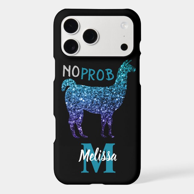 No Prob Llama Aqua blue ombre Sparkles Monogram (Back)