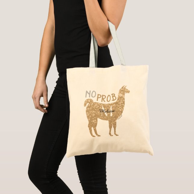 No Prob Llama Champagne gold Sparkles Monogram Tote Bag (Front (Product))