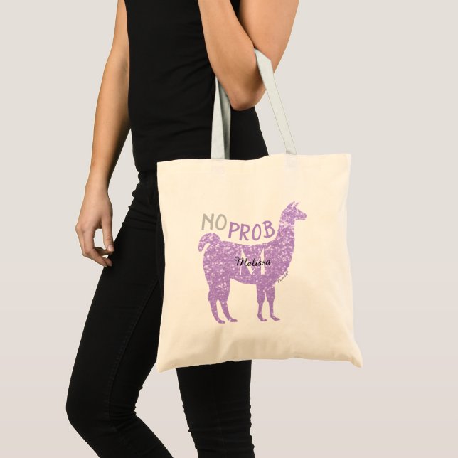 No Prob Llama Light Purple Sparkles Monogram Tote Bag (Front (Product))