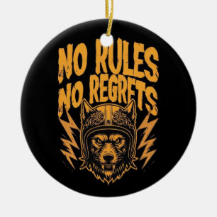 No Rules No Regrets - Wolf Biker Graphic Ceramic Tree Decoration