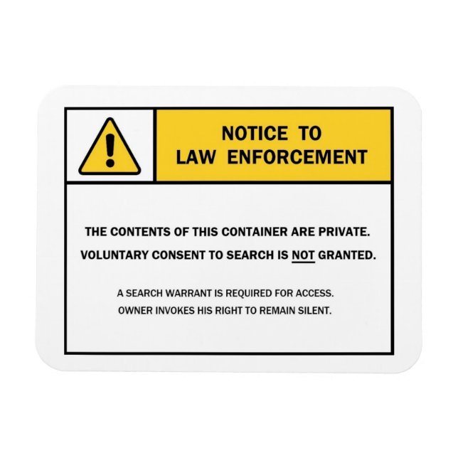 "No Search Without A Warrant" magnet sign (Horizontal)