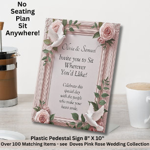 No Seating Chart - Pink Roses & Doves Wedding Pedestal Sign