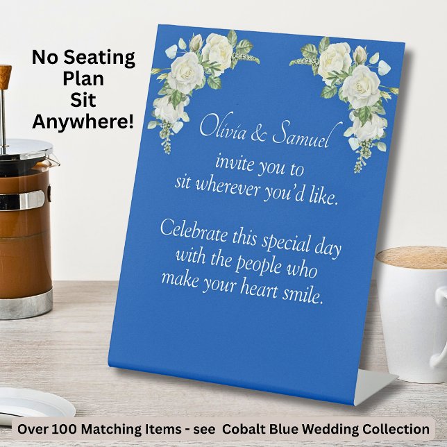 No Seating Chart - Wedding Cobalt Blue & White Pedestal Sign (Creator Uploaded)
