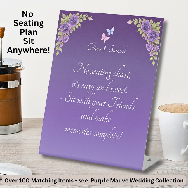 No Seating Chart  - Wedding Purple Mauve Flowers Pedestal Sign (Creator Uploaded)