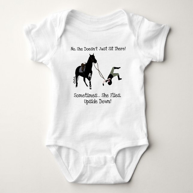 No She Doesn't Just Sit There Equestrian Horse Baby Bodysuit (Front)