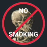 No Smoking Sign with Van Gogh Skull Artwork Classic Round Sticker<br><div class="desc">Head of a Skeleton with a Burning Cigarette / Skull with Burning Cigarette / Crane de squelette fumant une cigarette - Vincent van Gogh,  1885</div>