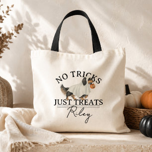 No Tricks Just Treat Funny Pun Ghost Dog Halloween Tote Bag
