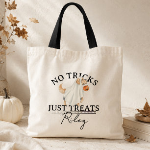 No Tricks Just Treat Funny Pun Ghost Dog Halloween Tote Bag