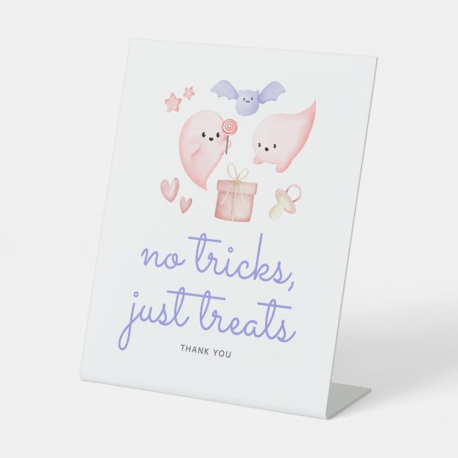 No Tricks, Just Treats Halloween Baby Shower Gift Pedestal Sign (Front)