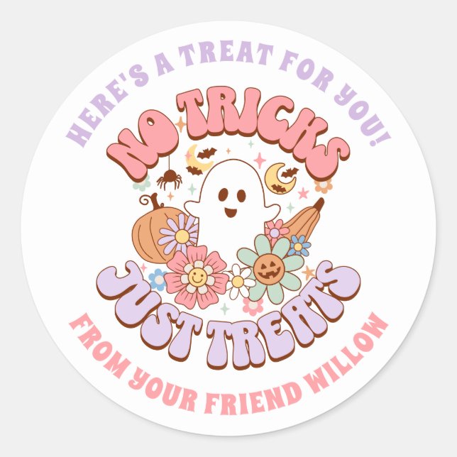 No Tricks Just Treats Halloween Retro Groovy Ghost Classic Round Sticker (Front)