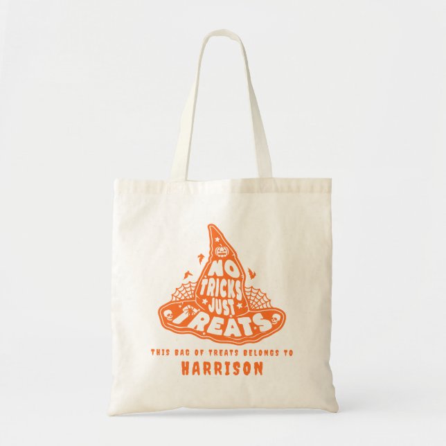 No Tricks Just Treats Halloween Witch Hat Orange Tote Bag (Front)