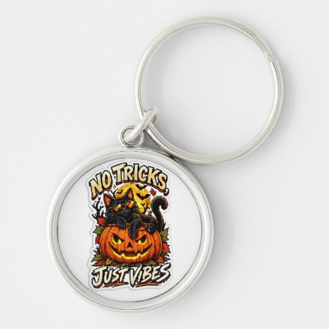 No Tricks Just Vibes Halloween Black Cat Keychain (Front)
