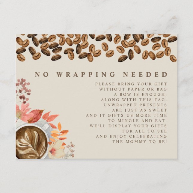 No Wrapping Needed Fall Coffee Baby Shower Enclosure Card (Front)