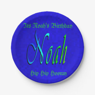 Noah, Name, Logo, Blue Birthday Paper Plate. Plate
