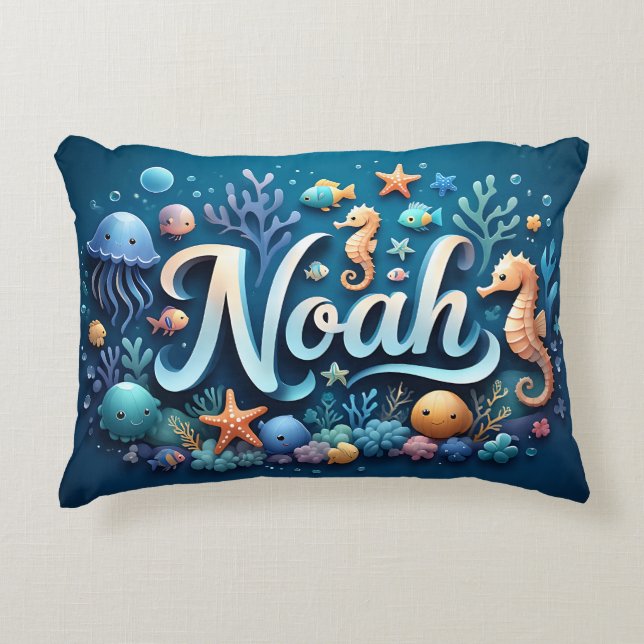 Noah Name Ocean Theme Decorative Sea Life Cushion (Front)