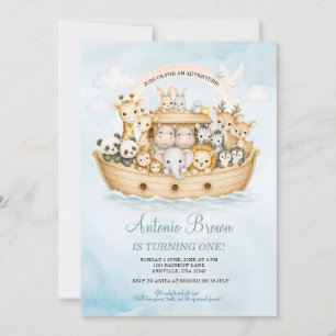 Noah’s Ark 1st Birthday Boy Watercolor Invitation