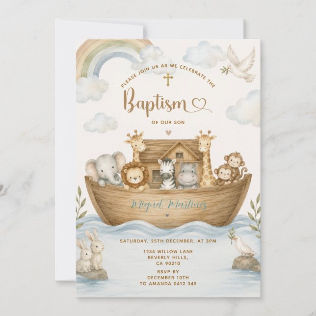 Noah’s Ark Baptism Christian Baby Invitation (Front)