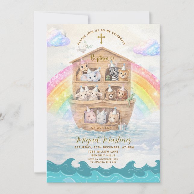 Noah’s Ark Baptism Invitation | Baby Animals (Front)