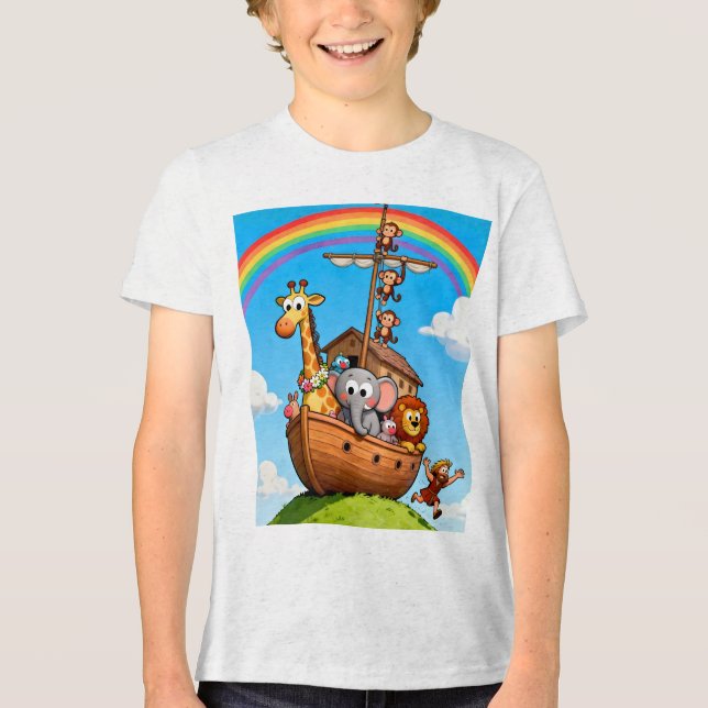 Noah’s Great Ark Adventure - Cute Animals & Rainbo Tri-Blend Shirt (Front)