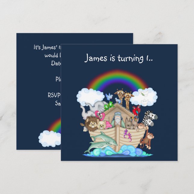Noahs ark animal invitation Navy Blue (Front/Back)