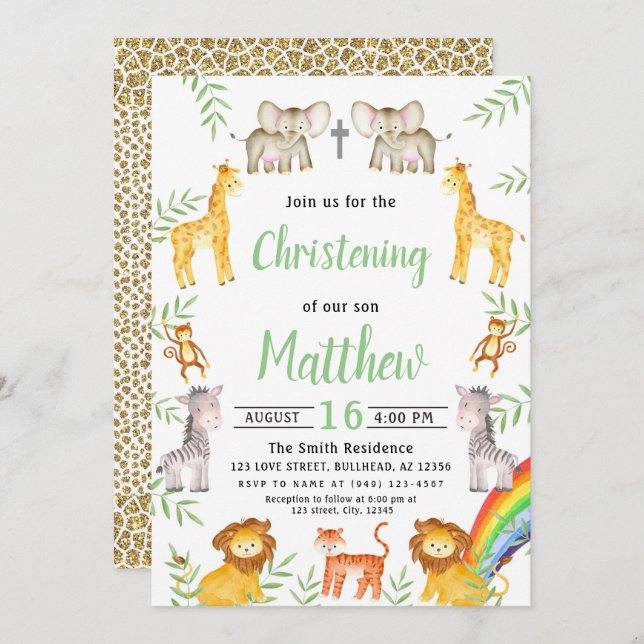 Noahs Ark Animal Rainbow Watercolor Christening Invitation (Front/Back)