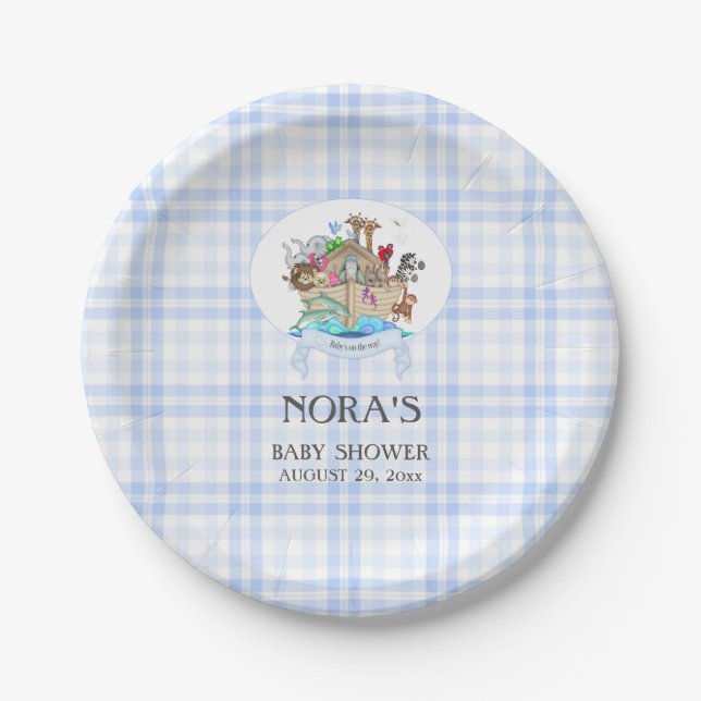 Noah's Ark Animals Blue Gingham Paper Plate (Front)