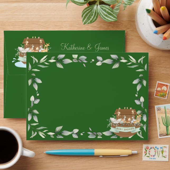 Noah's Ark Animals Greenery Baby Shower Green Envelope (Desk)