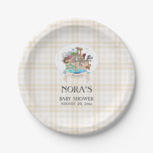 Noah's Ark Animals Ivory Beige Gingham Paper Plate