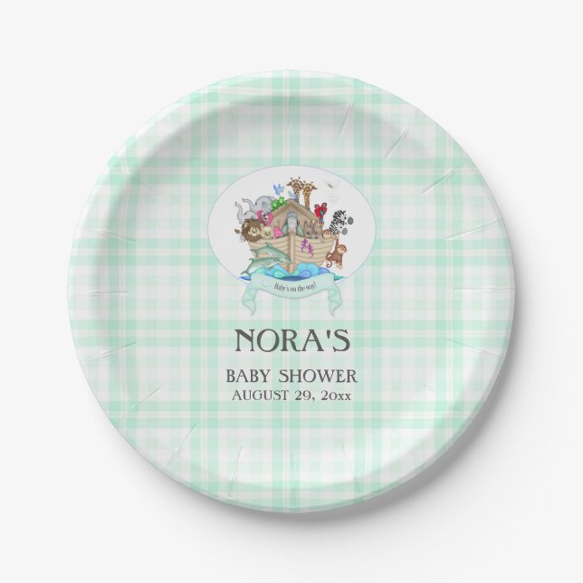 Noah's Ark Animals Mint Green Gingham Paper Plate (Front)