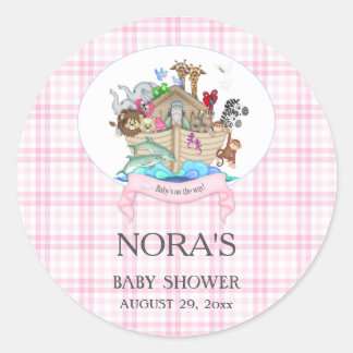 Noah's Ark Animals Pink Gingham Classic Round Sticker