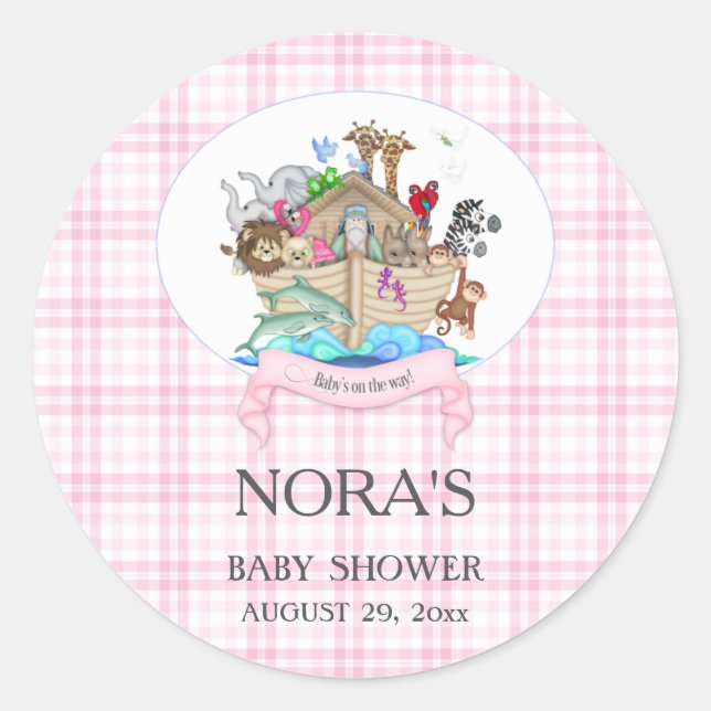 Noah's Ark Animals Pink Gingham Classic Round Sticker (Front)