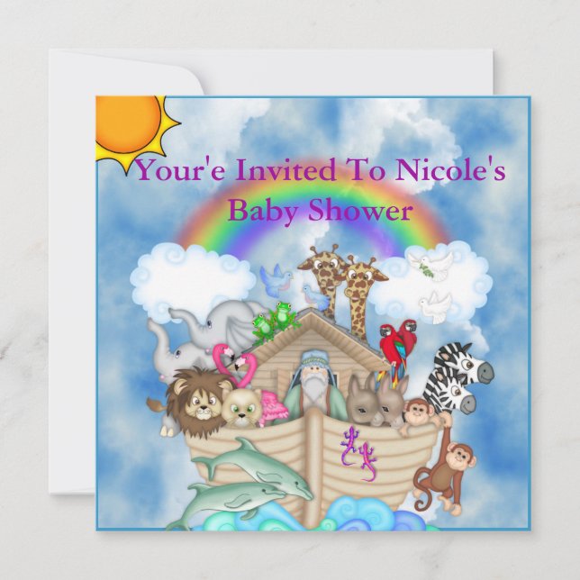 Noahs Ark Baby Shower Invitation Rainbow & Clouds (Front)