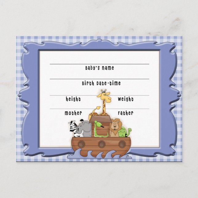 Noah's Ark Boy Birth Certificate Postcard (Front)