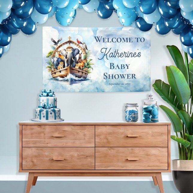 Noah's Ark Cute Animals Blue Boy Baby Shower Banner (Noah's Ark Cute Animals Blue Boy Baby Shower Banner 3' x 5')