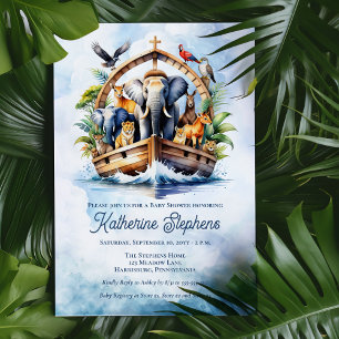 Noah's Ark Cute Animals Blue Boy Baby Shower Invitation
