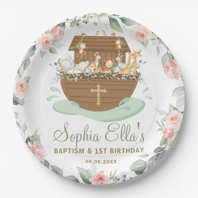 Noah's Ark Floral Baptism Christening Birthday  Paper Plate (Front)