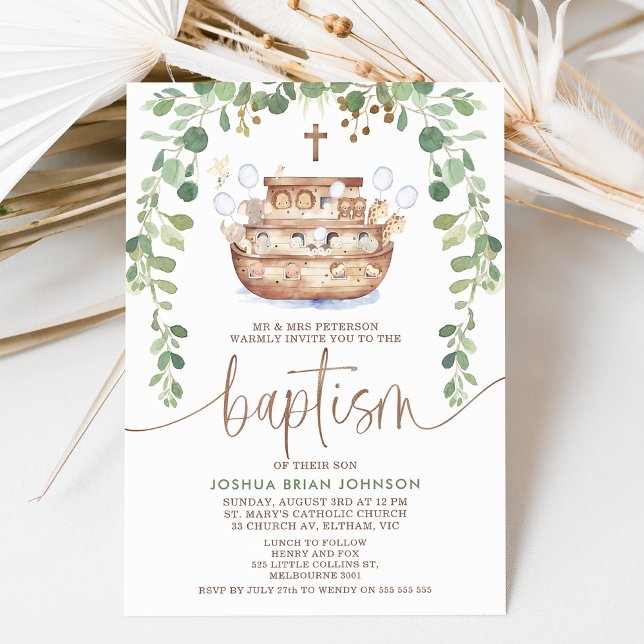 Noah's Ark Foliage Boys Baptism Invitation (Modern Noah's ark and foliage baptism invitation for a baby boy featuring a cute ark illustration.)