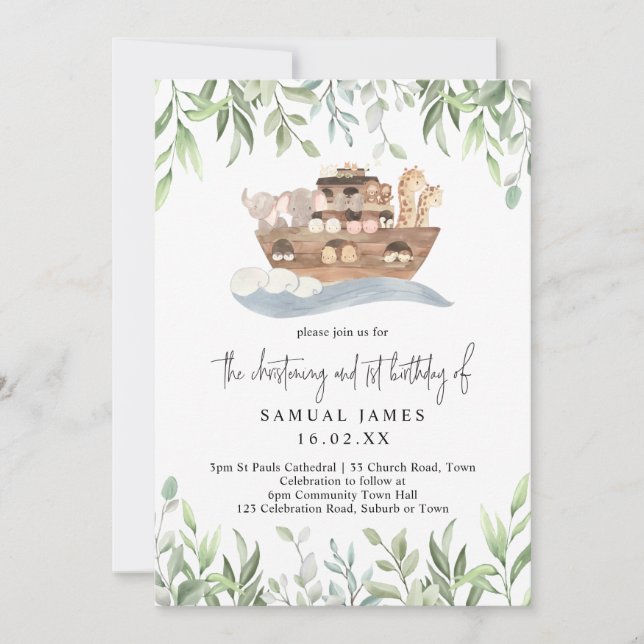 Noah's Ark Greenery Christening & 1st Birthday Invitation (Front)