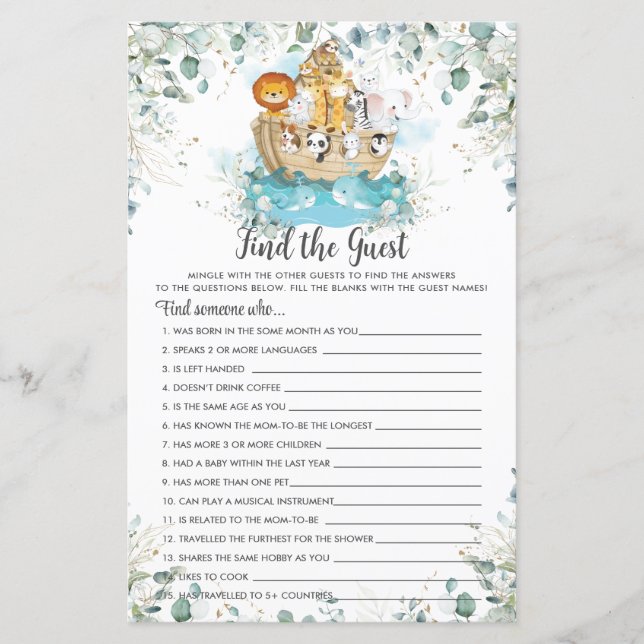 Noah's Ark Greenery Find the Guest Shower Game (Front)